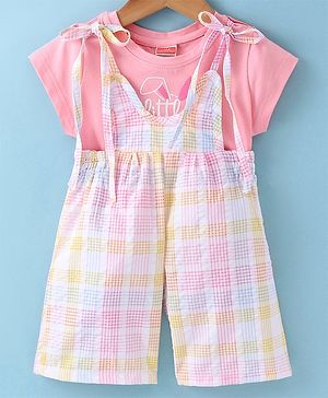 Tweetons Half Sleeves Text Printed  Top & Dungaree Set - Pink