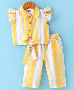 Twetoons Woven Frill Sleeves Striped Collared Top & Leggings Co-Ord Set - Yellow