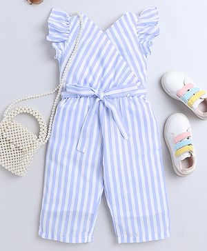 Twetoons Knitted Frill Sleeves Striped Jumpsuit - Sky Blue