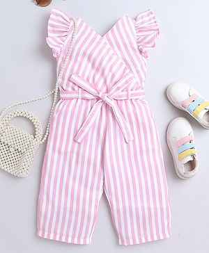 Twetoons Knitted Frill Sleeves Striped Jumpsuit - Pink