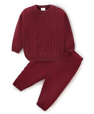 Babyhug Knitted Full Sleeves Sweater Set with Cable Knit Design - Maroon