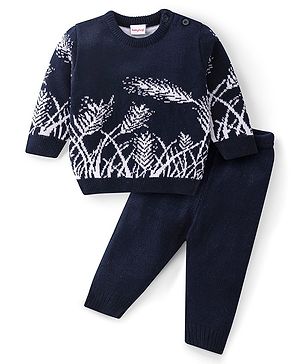 Babyhug Knitted Full Sleeves Sweater Set With Leaf Design - Navy Blue Babyhug Knitted Full Sleeves Sweater Set With Leaf Design - Navy Blue