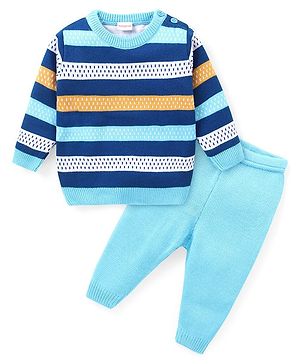 Babyhug Knitted Full Sleeves Sweater Set With Stripes - Blue Babyhug Knitted Full Sleeves Sweater Set With Stripes - Blue