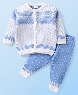 Babyhug Knit Full Sleeves Front Open Sweater and Pant Set Chevron Design - Off White