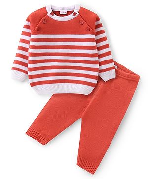 Babyhug Knitted Raglan Sleeves Striped Sweater Set - White & Rust Babyhug Knitted Raglan Sleeves Striped Sweater Set - White & Rust