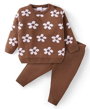 Babyhug Knit Full Sleeves Pullover Sweater & Pant Set Floral Design - Brown