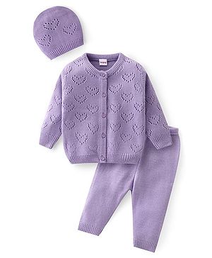 Babyhug Knit Full Sleeves Front Open Sweater Set with Hearts Design - Purple Babyhug Knit Full Sleeves Front Open Sweater Set with Hearts Design - Purple