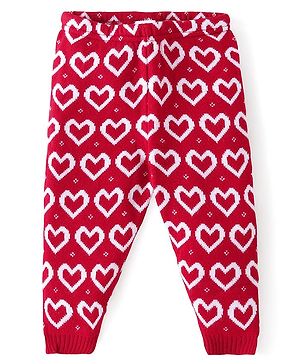 Babyhug Knit Full Length Fleece Bottom Hearts Printed - Red