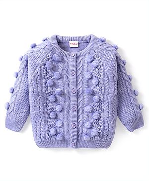 Babyhug Knitted Full Sleeves Front Open Sweater with Pom Pom & Cable  Knit Detailing - Lavender