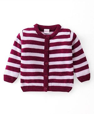 Babyhug Knitted Full Sleeves Front Open Striped Sweater - Pink Babyhug Knitted Full Sleeves Front Open Striped Sweater - Pink