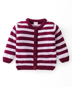 Babyhug Knitted Full Sleeves Front Open Striped Sweater - Pink