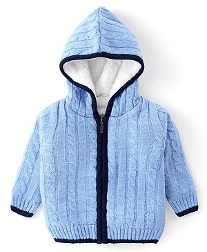 Babyhug Full Sleeves Front Open Hooded Cable Knit Sweater - Blue Babyhug Full Sleeves Front Open Hooded Cable Knit Sweater - Blue