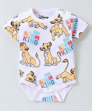 Babyhug Disney 100% Cotton Knit Half Sleeves Onesies With Lion King Print - White
