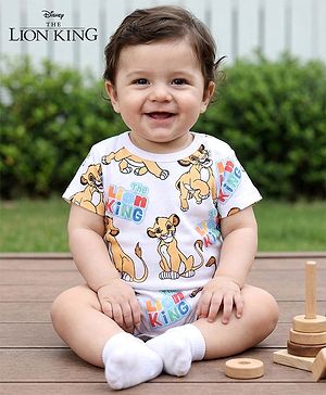 Babyhug Disney 100% Cotton Knit Half Sleeves Onesies With Lion King Print - White