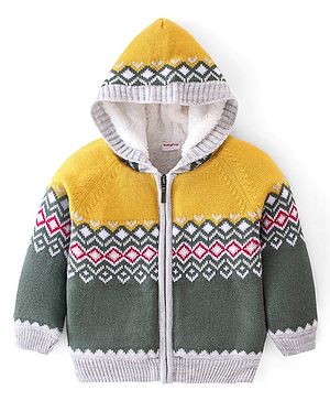 Babyhug Knitted Full Raglan Sleeves Argyle Designed Hooded Front Open Sweater - Yellow & Olive Green