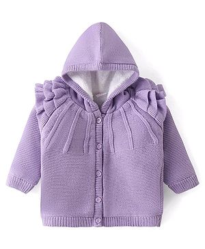 Babyhug Knitted Full Sleeves Front Open Hooded Sweater with Frill Detailing - Lavender Babyhug Knitted Full Sleeves Front Open Hooded Sweater with Frill Detailing - Lavender