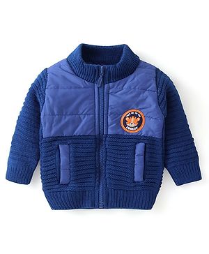 Babyhug Knitted Full Sleeves High Neck Front Open Sweater with Cable Knit Design & Tiger Patch Detailing - Blue