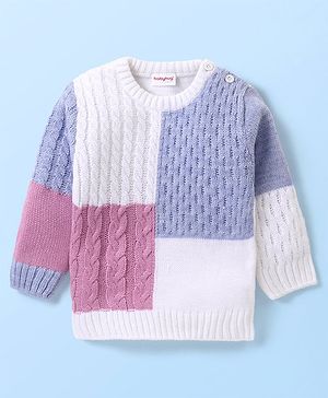 Babyhug Knit Full Sleeves Color Block Sweater - Purple & White