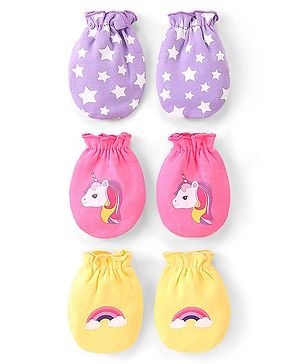 Babyhug 100% Cotton Knit Stars & Unicorn Printed Mittens Pack of 3 - Purple Pink & Yellow
