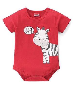 Babyhug 100% Cotton Knit Half Sleeves Onesie With Zebra Print - Red