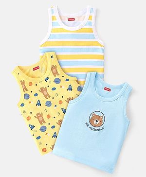 Babyhug 100 % Cotton Knit Sleeveless Sando with Striped & Teddy  Print Pack Of 3 - Yellow & Blue