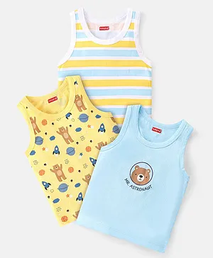 Babyhug 100 % Cotton Knit Sleeveless Sando with Striped & Teddy  Print Pack Of 3 - Yellow & Blue