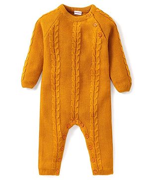 Babyhug Full Sleeves Winter Wear Romper With Cable Knit Design - Mustard