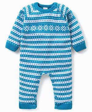 Babyhug Knitted Full Raglan Sleeves Striped & Floral Design Winter Wear Romper - Blue