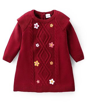 Babyhug Knitted Full Sleeves Woolen Dress with Cable Knit Design & Floral Embroidery -Maroon