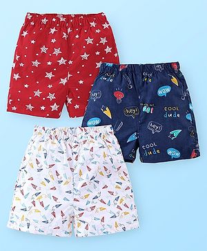 Babyhug Cotton Woven Boxer With Stars & Paper Airplane Print Pack Of 3 - Red Navy Blue & White
