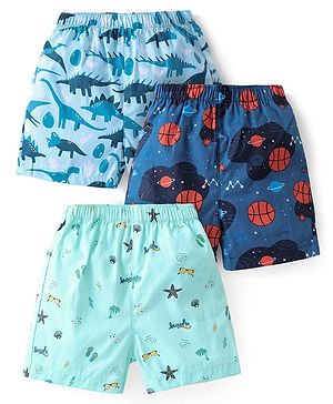 Babyhug Cotton Woven Boxer With Dino & Basketball Print Pack Of 3 - Blue