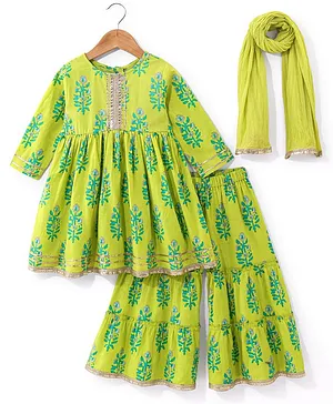 Babyhug Cotton Woven Half Sleeves Kurti & Sharara Set with Dupatta Floral Print - Green