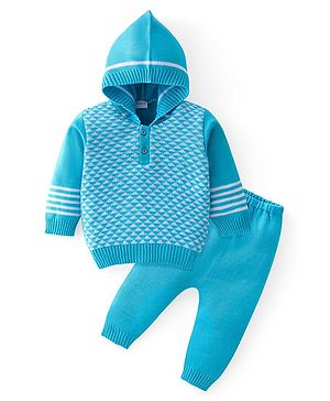 Babyhug Knit Full Sleeves All Over Design Hooded Sweater & Pant Set - Aqua Blue