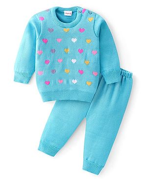 Babyhug Knitted Full Sleeves Sweater Set Heart Design - Aqua Blue