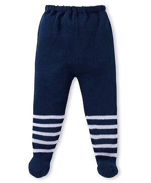 Babyhug Knit Striped Footed Fleece & Woollen Bottom - Navy Blue