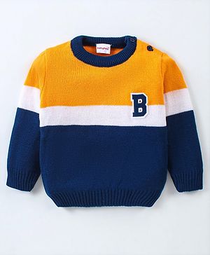 Babyhug  Knitted Full Sleeves Pullover Sweater with Alphabet Embroidery  - Blue Yellow & White