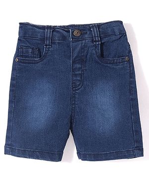 Babyhug Above Knee Length Denim Washed Bermuda with Stretch Solid Colour - Dark Blue