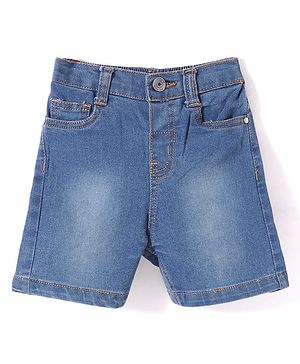 Babyhug Above Knee Length Denim Washed Bermuda with Stretch Solid Colour - Medium Blue