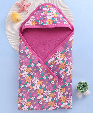 Babyhug Woven Terry Towel With Hood Floral Print L 76.2 x B 76.2 cm - Pink