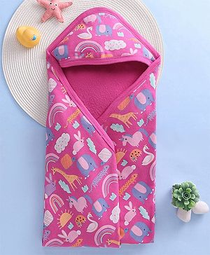 Babyhug Woven Terry Towel With Hood Animal Print L 76.2 x B 76.2 cm - Pink