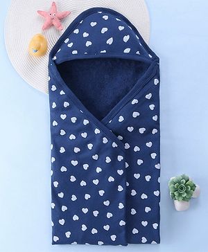 Babyhug Terry Woven Hooded Bath Towel with Heart Print L 76 X B 76 cm - Navy Blue