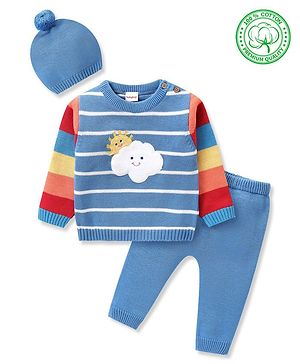 Babyhug Knitted Full Sleeves Sweater Set with Cap Stripes & Sun Patch - Multicolor Babyhug Knitted Full Sleeves Sweater Set with Cap Stripes & Sun Patch - Multicolor
