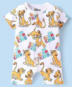 Babyhug Disney Cotton Knit Half Sleeves Lion King Printed Romper - White