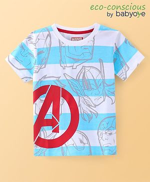 Babyoye Marvel Cotton Knit Half Sleeve T-Shirt with Avengers Print - Light Blue