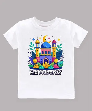 KAVEE Eid Theme Pure Cotton Half Sleeves Eid Mubarak Text Printed Tee - White