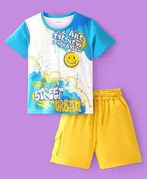 Ollington St. 100% Cotton Knit Half Sleeves T-Shirt & Shorts Set with Emoji & Text Print  Multicolor & Yellow