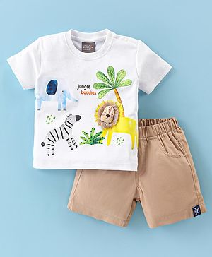 Little Kangaroos Cotton Woven Half Sleeves T-Shirt & Shorts Set with Animal Print & Applique - White