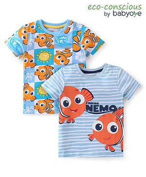 Babyoye Disney Cotton Knit Half Sleeves T-Shirt with Finding Nemo Print Pack of 2 - Sky Blue