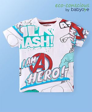 Babyoye Marvel Cotton Knit Half Sleeves T-Shirt with Avengers Print - White