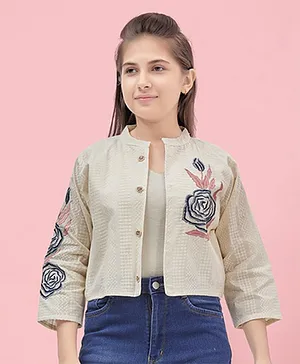 Aarika Cotton Three Fourth Sleeves Floral Embroidered Jacket - White